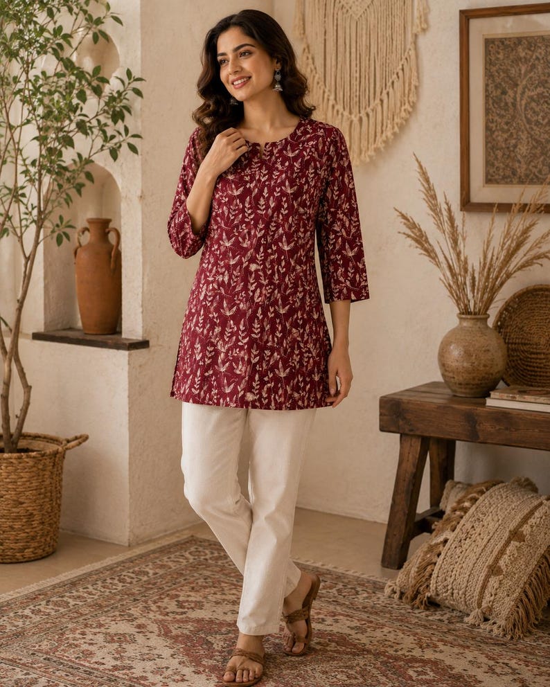 Maroon Botanical Print Cotton Kurti, Short Ethnic Tunic Top image 5