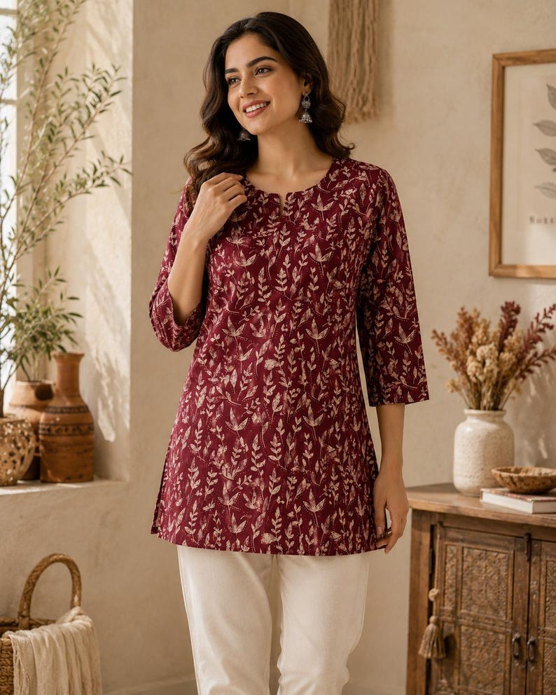 May include: A maroon tunic featuring a white botanical leaf print, three-quarter length sleeves, and a small notch neckline. The garment is paired with plain white trousers, creating a simple and clean look with a consistent pattern throughout.