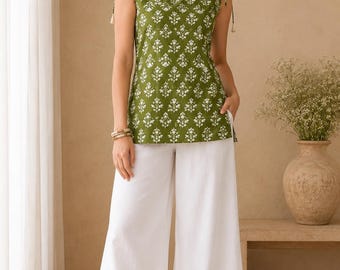 Olive Green Cotton Kurti | Floral Block Print Sleeveless Tunic Top