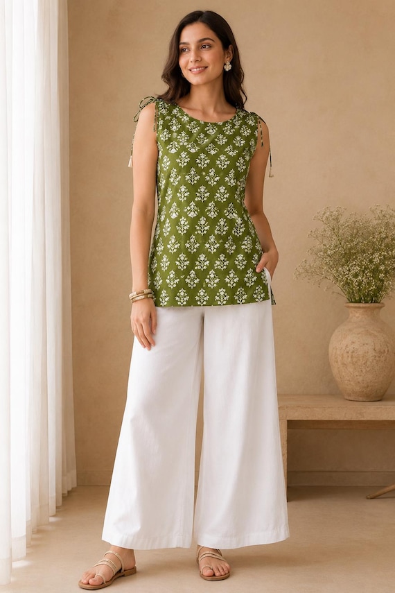 Olive Green Cotton Kurti | Floral Block Print Sleeveless Tunic Top