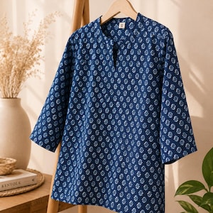 Blue Cotton Short Kurti, Hand Block Print Tunic Top, Relaxed Fit Summer Ethnic Wear image 5