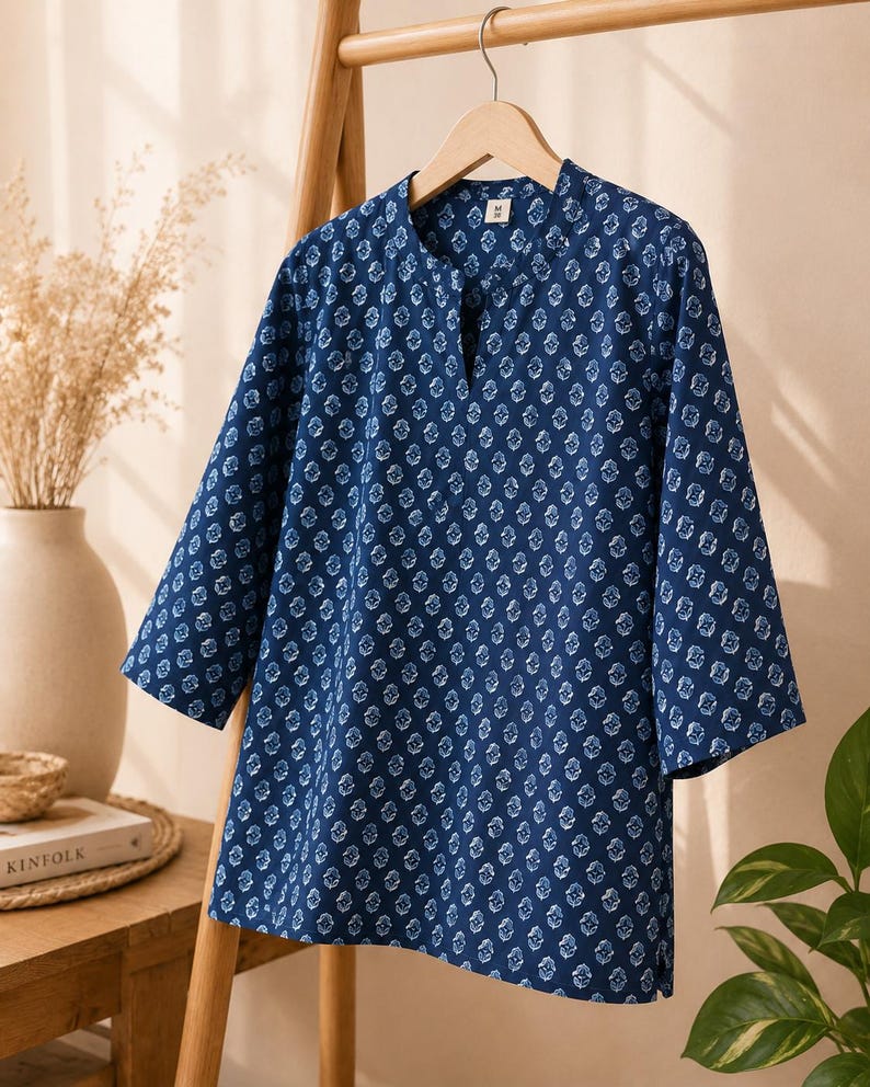 Blue Cotton Short Kurti, Hand Block Print Tunic Top, Relaxed Fit Summer Ethnic Wear image 5