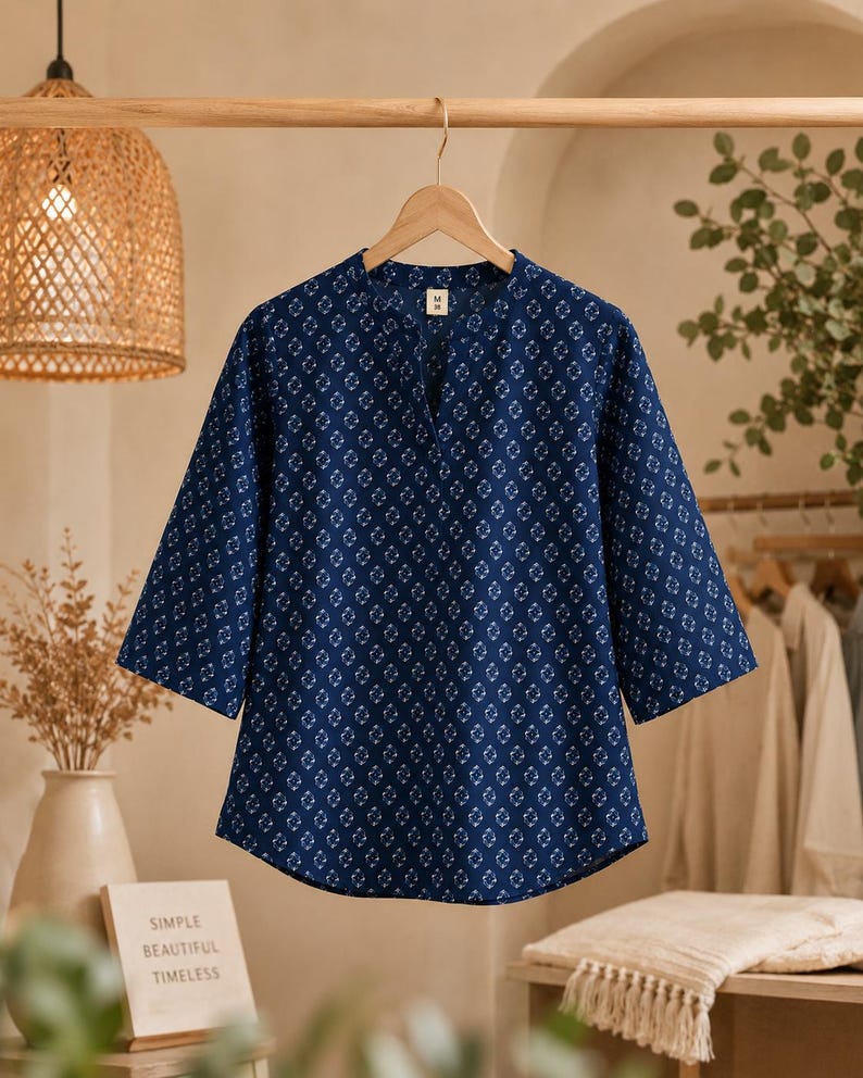 May include: A dark blue blouse with a repeating white geometric pattern, featuring three-quarter length sleeves, a split neckline, and a straight hem. The garment is displayed on a wooden hanger and includes a small white tag at the collar.