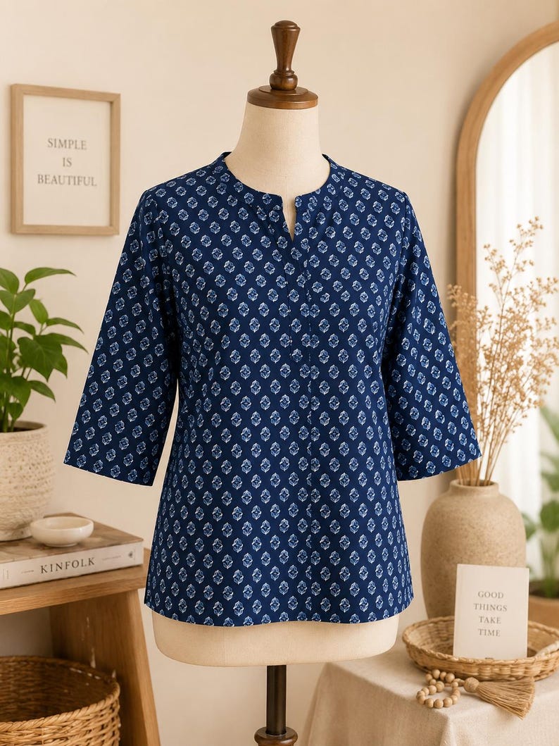 May include: A dark blue blouse with a repeating white geometric pattern, featuring three-quarter length sleeves, a mandarin collar, and a small V-shaped slit at the neckline. The garment is displayed on a mannequin, showcasing a straight hemline.