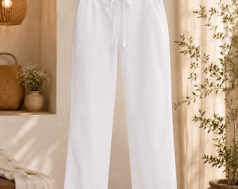 White Cotton Straight Pants, Elastic Waist Lounge Trousers, Summer Casual Bottoms