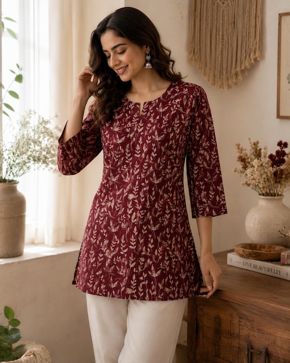 Maroon Botanical Print Cotton Kurti, Short Ethnic Tunic Top