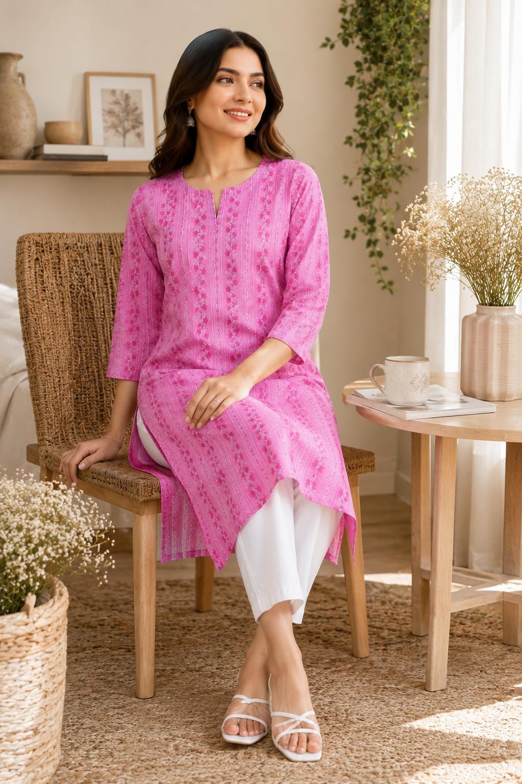 Pink Cotton Floral Print Long Kurti, Straight Fit Summer Tunic