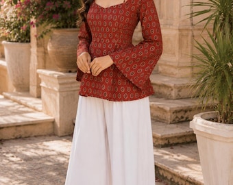 Rust Red Floral Cotton Tunic Top | Square Neck Jaipur Print Blouse | Bell Sleeve