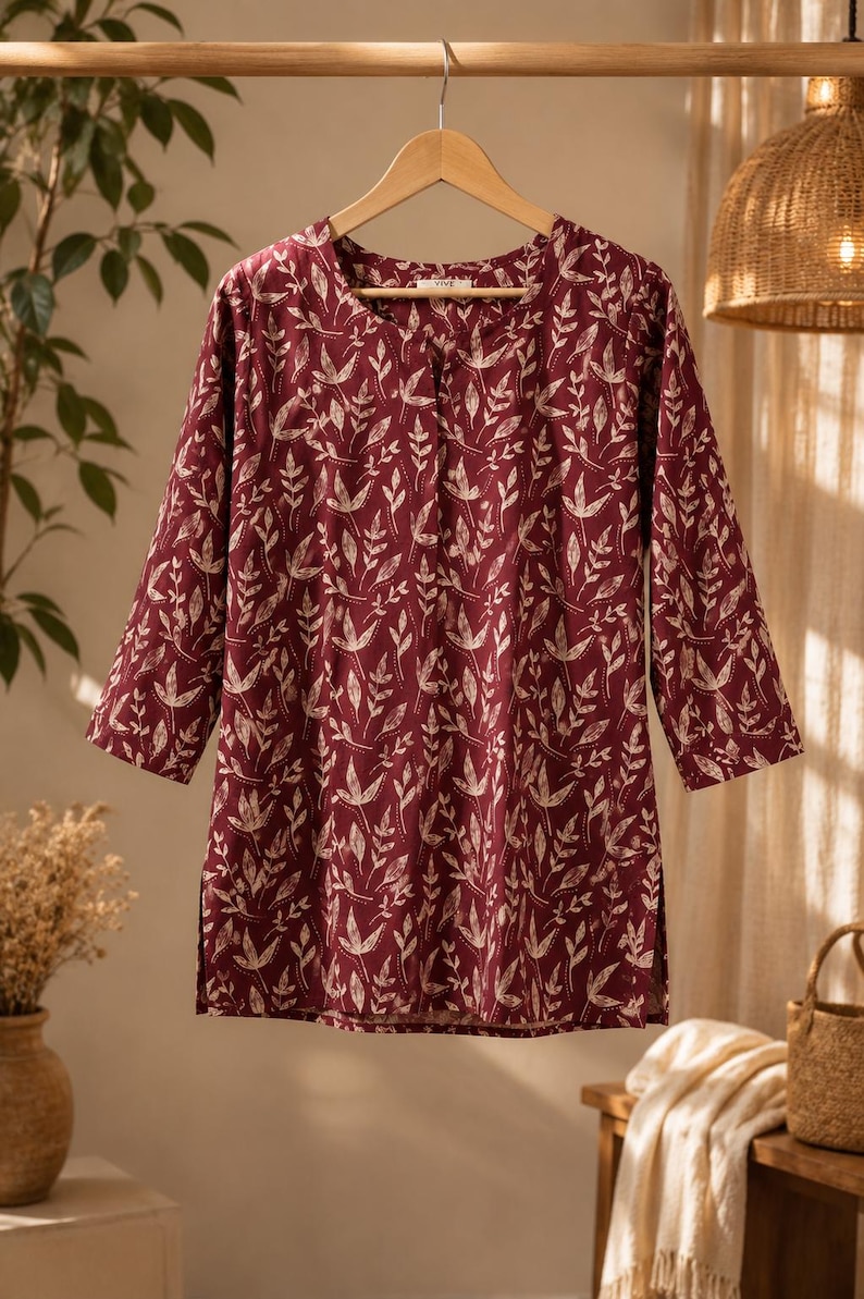May include: A maroon tunic with a cream-coloured botanical leaf print, featuring three-quarter length sleeves, a round neckline with a small front slit, and side hem vents. The garment is displayed on a wooden hanger against a neutral background.