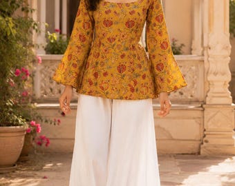 Mustard Floral Peplum Top | Jaipur Print Cotton Bell Sleeve Tunic