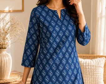 Women Short Cotton Kurti, Blue Printed Ethnic Top, Casual Summer Kurta, Everyday Tunic Top