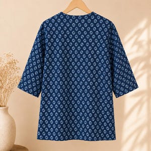 Blue Cotton Short Kurti, Hand Block Print Tunic Top, Relaxed Fit Summer Ethnic Wear image 16