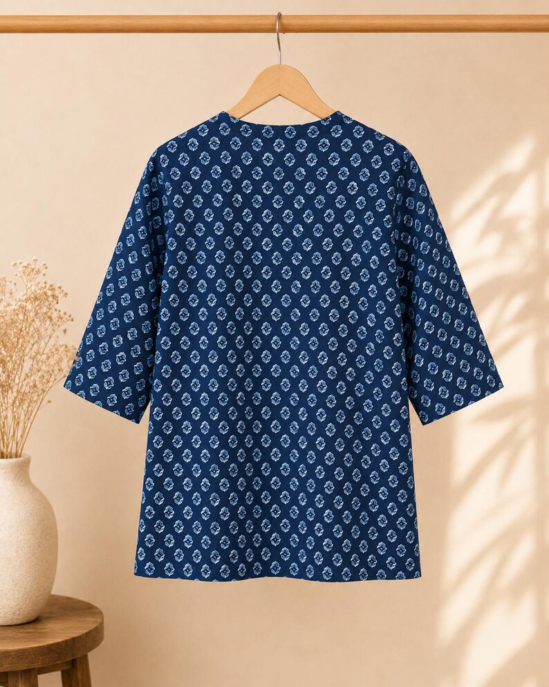 Blue Cotton Short Kurti, Hand Block Print Tunic Top, Relaxed Fit Summer Ethnic Wear image 16