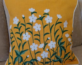 Funda de cojín amarilla de 40 x 40 cm de algodón con flores | Cojín decorativo de estilo bohemio campestre para sofá y salón, con ribete y cremallera oculta.