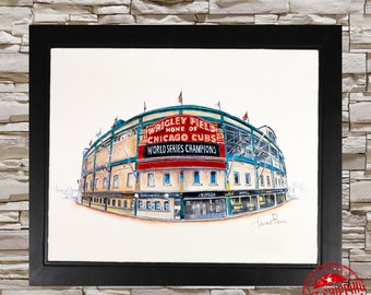 chicago cubs poster  art print wrigley field drawing  chicago cubs fan gift