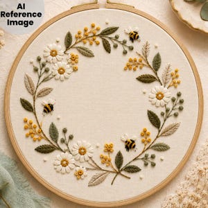 May include: Embroidered floral wreath in a wooden hoop. The design features white daisies, yellow flowers, green leaves, and small bees. The embroidery is on a cream-colored fabric, creating a charming, handcrafted piece.
