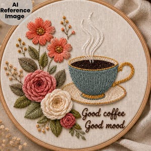 Patrón de bordado de café en PDF / Diseño floral para taza en bastidor / Ideal para principiantes / Guía de hilos DMC / Buen café, buen humor / Descarga instantánea