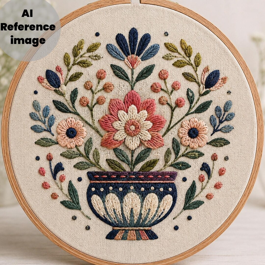 Floral Embroidery Pattern PDF, Vintage Flower Pot Hoop, Beginner Hand ...