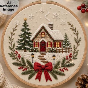 May include: A circular embroidery hoop containing a fabric panel with a stitched winter scene. The design features a snow-covered cottage with a red door, a tall pine tree, falling snowflakes, and a large red bow at the bottom with pine branches.