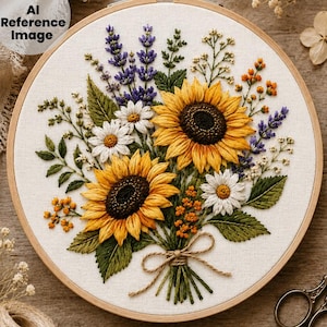 May include: A hand-stitched embroidery hoop featuring a vibrant floral bouquet. The design includes sunflowers, daisies, and lavender, with green leaves and orange accents. The flowers are tied together with twine, set against a cream-colored fabric.