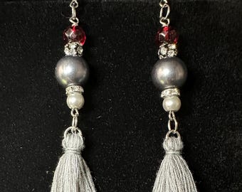 The Gray Lady Earrings: Red Crystal, Silver Pearls, Gray Tassels – Enigmatic Style
