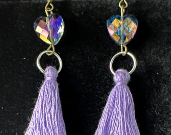 Purple Hearts Earrings: Purple Crystal, Purple Tassels