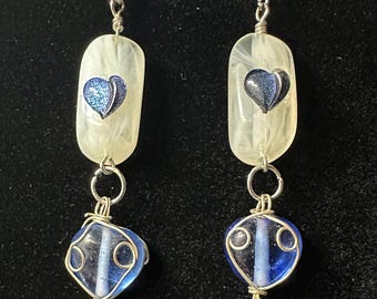 Blue Hearts Earrings: Blue Glass and Acrylic Dangle