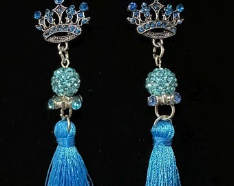 Blue Queen Crown Tassel Earrings: Enchanted Ballroom Dancers Collection