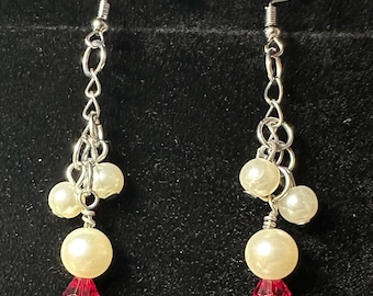 The Scarlet Whisper Earrings: Acrylic Pearl, Chain, Red Bead