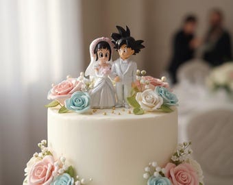 Anime Wedding Cake Topper Goku & Chichi Inspired Wedding Figurine, Custom Anime Couple Cake Decoration, Unique Wedding Gift for Anime Lovers