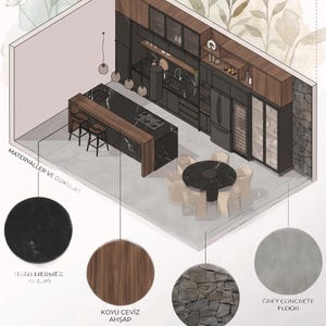 Op de afbeelding: Een axonometrische illustratie van een modern keukenontwerp. De keuken heeft donkere kasten, een marmeren eiland en een eethoek met een ronde tafel. De afbeelding bevat materiaalmonsters: zwart marmer, donker walnoothout, stenen muur en een grijze betonnen vloer.
