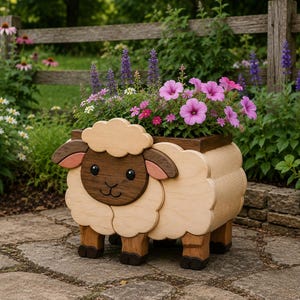 May include: A wooden planter shaped like a sheep with a light-colored wool body, a dark brown face, and pink-lined ears. The sheep features a rectangular opening on its back filled with pink petunia flowers and purple salvia plants.