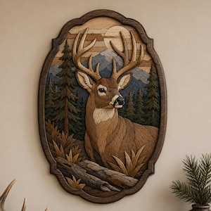 Whitetail Buck Intarsia Wood Wall Art | Rustic Wildlife Hunting Decor (Instant Download)