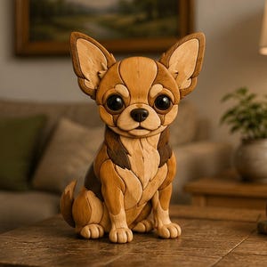 Mönster för träbearbetning med intarsia i Chihuahua | Konstplan för rullsåghund (PDF PNG)