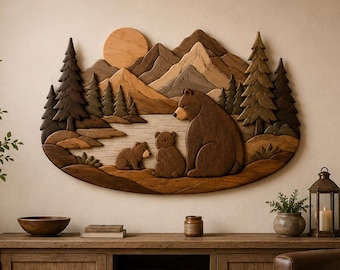 Bear Family Mountain Scene Intarsia Woodworking Pattern | Layered Woodland Wall Art | Digital Download