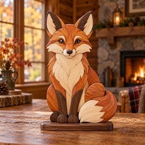 May include: A wooden fox figurine composed of interlocking pieces in shades of light cream, reddish-orange, and dark brown. The fox is depicted in a seated position with a bushy tail curled around its side, mounted on a rectangular wooden base.