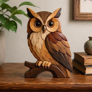 May include: A wooden owl sculpture with a detailed, layered design. The owl features various shades of brown and tan wood, with large, dark eyes. It is perched on a wooden branch, showcasing a natural, handcrafted aesthetic. The sculpture is a decorative item.