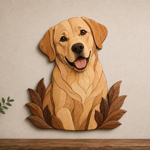Puede incluir: Una pieza de arte mural de madera que representa a un perro Labrador dorado con expresión sonriente, boca abierta y lengua visible. El perro está rodeado de hojas de madera estilizadas en varios tonos de marrón, creando un efecto de capas.