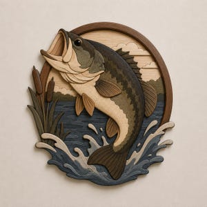 May include: A circular wooden wall art piece featuring a layered, multi-toned bass fish jumping out of dark blue water. The scene includes carved cattails on the left, a light-colored sky with clouds in the background, and a dark wood frame border.
