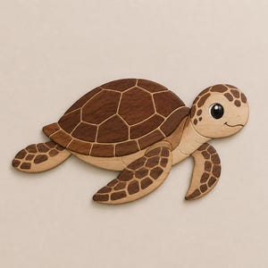 May include: A wooden sea turtle figure crafted from light and dark brown wood pieces. The turtle features a detailed shell with geometric patterns, a smooth head with a large black eye, and four flippers with dark brown spots on a light wood base.