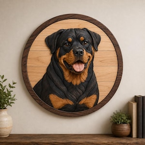 Puede incluir: Una placa de pared circular de madera que presenta un retrato tallado en tres dimensiones de un perro Rottweiler. El perro tiene pelaje negro y fuego, con la boca abierta y la lengua visible. La placa tiene un marco de madera oscura.