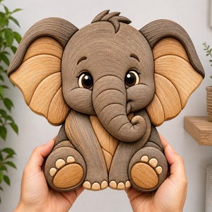 May include: A wooden, cartoon-style elephant sculpture with a light brown and dark brown color scheme. The elephant has large ears, big eyes, and a curled trunk. The sculpture is held by two hands.