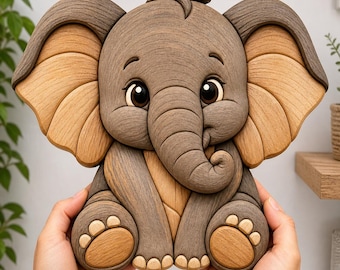 Elephant Intarsia Woodworking Pattern | Scroll Saw PDF PNG | 3D Layered Baby Elephant Plan | Beginner Friendly Instant Download