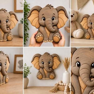 May include: A wooden elephant figurine with a light brown body and tan ears. The elephant is in a sitting position with its trunk curled up. The figurine has a cute, cartoonish design, perfect for nursery decor.