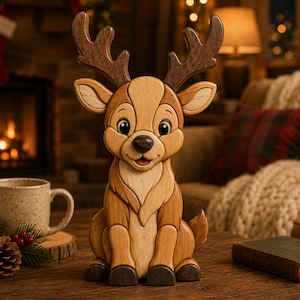 May include: A wooden reindeer figurine with a smiling face, large antlers, and a light brown and dark brown colour scheme. The reindeer is sitting on a wooden table. The figurine is a decorative item, possibly for the holiday season.