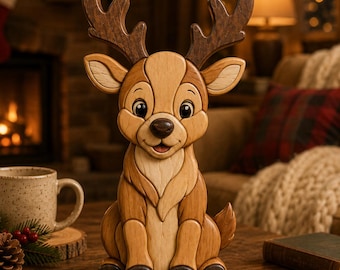 Op de afbeelding: Een houten rendierfiguur met een lachend gezicht, grote geweien en een lichtbruin en donkerbruin kleurenschema. Het rendier zit op een houten tafel. Het beeldje is een decoratief item, mogelijk voor de feestdagen.