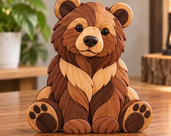 Beginner Wood Intarsia Bear Pattern | Sitting Bear Woodworking Template | Digital Download