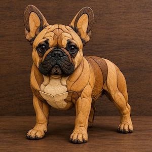 以下が含まれることがあります： 茶色の木製のフレンチブルドッグの彫刻。犬は立っており、体の細部にまでこだわっています。彫刻はモザイクのような外観で、犬の特徴が丁寧に作られています。