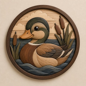 May include: A circular wooden wall art piece featuring a multi-layered marquetry design of a duck swimming in water. The scene includes cattails, stylized clouds, and a dark wood frame, crafted from various shades of natural wood grain textures.