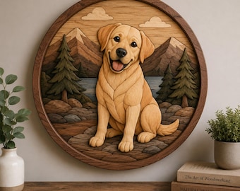 May include: A circular wooden wall art piece featuring a carved golden retriever sitting in a landscape with mountains, pine trees, and clouds. The artwork is framed in a dark wood circle and displays layered wood textures in shades of tan and brown.